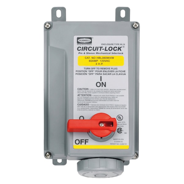 Hubbell Wiring Device-Kellems Heavy Duty Products, IEC Pin and Sleeve Devices, Industrial Grade, Female, Mechanically Interlocked Receptacle, 60A 125V AC, 2-Pole 3-Wire Grounding HBL360MI4W - main
